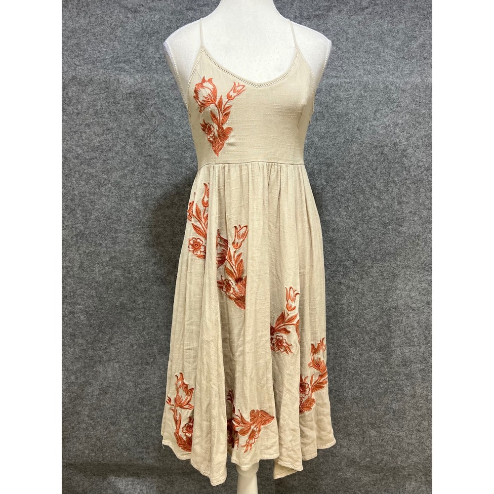 Chelsea & Violet Beige Rust Floral Embroidered Midi Sundress Spaghetti Strap XS